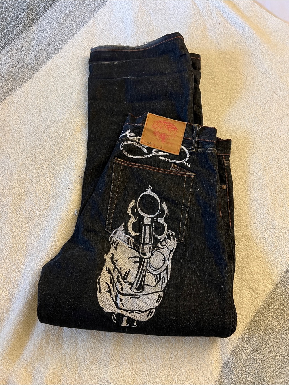 Ed Hardy Jeans 40x36 Embroidered Revolver Pinup Panther Y2K